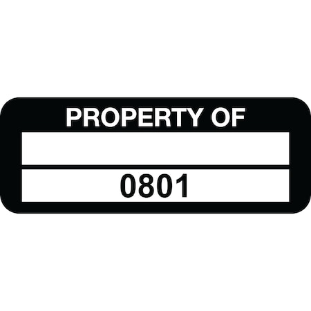 Lustre-Cal Property ID Label PROPERTY OF Polyester Blk 2in x 0.75in 1 Blank Pad&Serialized 0801-0900, 100PK 253744Pe2K0801